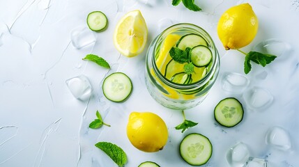 Aufkleber - Health care fitness healthy nutrition diet concept Fresh cool lemon cucumber mint infused water cocktail detox drink lemonade in a glass jar Light copy space top view flat lay backgrou : Generative AI