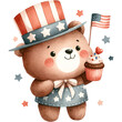 cute watercolor Patriotic Bear Clipart,American Pride,4th of July PNG,Veteran Day,Memorial Day PNG,Cute Bear PNG,American Bear