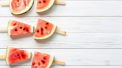 Poster - Watermelon popsicle on wooden white background Watermelon slices on sticks Top view fat lay copy space : Generative AI