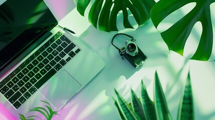 Aufkleber - Home office workspace with laptop palm leaf and accessories Flat lay top view : Generative AI