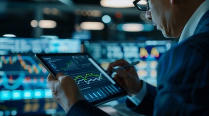 Poster - A businessman analyzing financial reports and charts on a laptop in a modern office, making strategic decisions and managing investments with data-driven insights