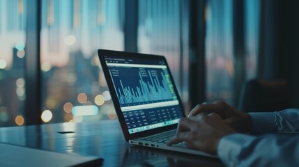 Leinwandbilder - A businessman analyzing financial reports and charts on a laptop in a modern office, making strategic decisions and managing