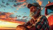 © hisilly - Twilight Rest: Elderly Truck Driver with Beard and Hat Takes a Break by His Rig in Illustration