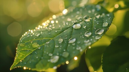 Poster - Large beautiful drops of transparent rain water on a green leaf macro Drops of dew in the morning glow in the sun Beautiful leaf texture in nature Natural background : Generative AI