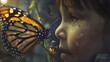 A child marveling at a monarch butterfly emerging from its chrysalis, witnessing the miraculous transformation from caterpillar to butterfly up close.
