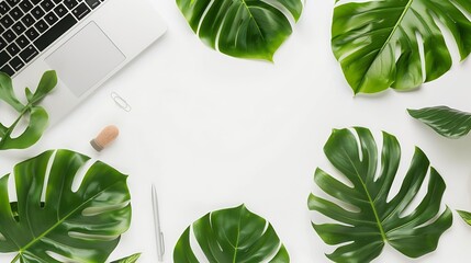 Aufkleber - Home office workspace mockup with laptop tropical leaves Monstera notebook and accessories on white background Flat lay top view : Generative AI
