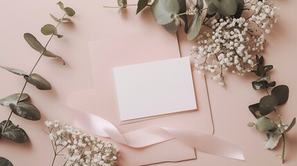 Poster - Styled stock photo Feminine wedding desktop stationery mockup with blank greeting card babys breath Gypsophila flowers dry green eucalyptus leaves satin ribbon and white background Emp : Generative AI
