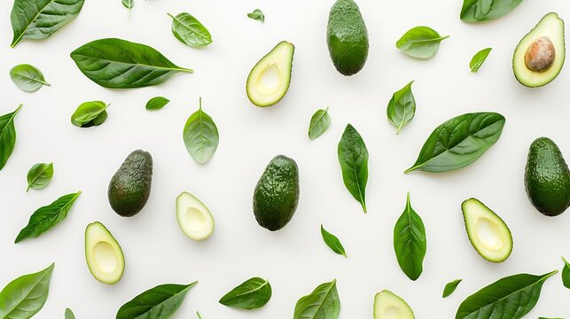 Creative layout made of avocado and leaves Flat lay Food concept Avocado on white background : Generative AI