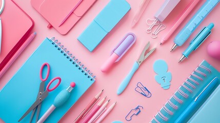 Poster - school supplies pink and blue colors flat lay composition : Generative AI