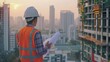 A confident engineer wearing a hard hat and safety vest, overseeing a construction site with blueprints in hand, ensuring efficiency and quality in project management.