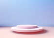 3D soft pink circular podium with a blue background. Product display, Mockup, Showcase presentation