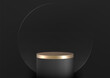 3D black cylinder podium with a gold top sits on a black platform against a black background, Luxury concept, product display, mockup, showroom, showcase