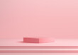 3D pink podium on steps stair against a pink background., modern concept, product display, mockup, showroom, showcase