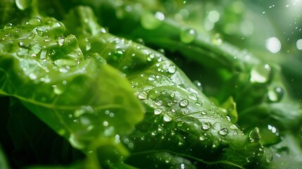 Aufkleber - Green lettuce salad leaves and water drops close up image : Generative AI
