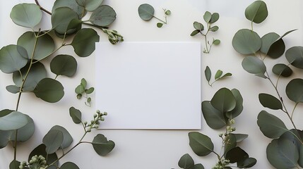 Poster - Mockup invitation blank greeting card and green leaves eucalyptus Flat lay top view : Generative AI