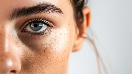 Wall Mural - Cropped shot of a young womans face with dark circle under eye isolated on a white background Bruise under the eyes are caused by fatigue nervousness lack of sleep insomnia and stress : Generative AI