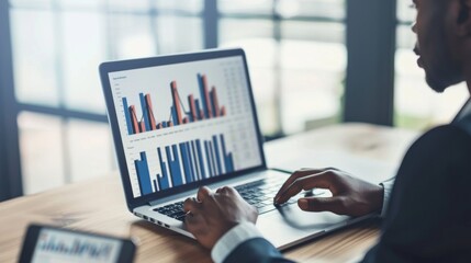 Aufkleber - A financial analyst analyzing data on a laptop, with charts and graphs displayed on the screen, assessing business performance and identifying growth opportunities.