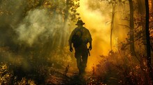 A Forest Ranger Patrolling A Wooded Area During Fire Season, Keeping A Vigilant Watch For Signs Of Smoke Or Potential Wildfire Activity To Ensure The Safety Of The Forest And Surrounding Communities.