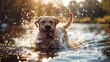A happy Labrador retriever leaping into a tranquil lake, with water droplets flying as it dives headfirst into the refreshing water, enjoying a playful swim on a sunny day.
