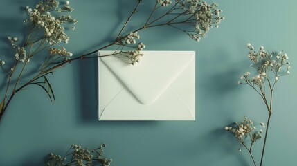 Aufkleber - White blank card craft envelope and dry flowers plant on green background Top view Flat lay Mockup Copy space : Generative AI