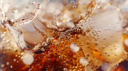 Leinwandbilder - Pouring of Cola and Ice Cola soda and ice splashing fizzing or floating up to top of surface Close up of ice in cola water Texture of carbonate drink with bubbles in glass Cold drink b : Generative AI