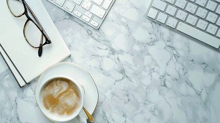 Aufkleber - Home office desk table with keyboard coffee cup eyeglasses paper notebooks on marble background Flat lay top view : Generative AI