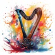 Abstract and colorful illustration of a harp on a white background