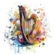 © Philipp - Abstract and colorful illustration of a harp on a white background with flowers