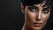 Beautiful female face closeup on a black backgroundWoman with a short haircut and dark hairRetro style makeup Advertising concept for decorative cosmetics : Generative AI