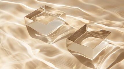 Poster - Two empty clear glass square podiums on beige transparent calm water texture with waves in sunlight Abstract nature background for product presentation Flat lay cosmetic mockup copy sp : Generative AI