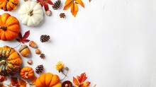 Autumn Holidays And Sale Background Thanksgiving Day Greetings Card Multicolored Pumpkins Autumn Leaves And Flowers Acorn Cones Decor On A White Background Top View Copy Space : Generative AI