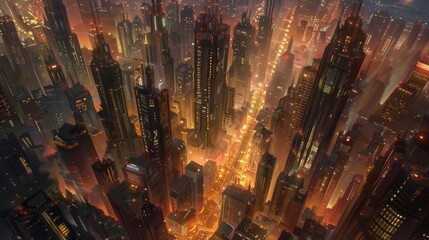 Aufkleber - A panoramic view of skyscrapers towering above a city skyline, their windows aglow with the warm glow of streetlights and bustling activity below.