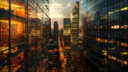 Aufkleber - A panoramic view of skyscrapers towering above a city skyline, their windows aglow with the warm glow of streetlights and bustling activity below.