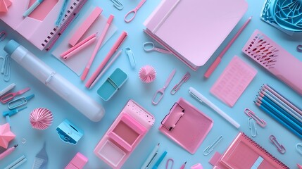 Poster - school supplies pink and blue colors flat lay composition : Generative AI