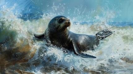 A playful sea lion frolicking in the waves, its agile body twisting and turning with boundless energy as it enjoys the freedom of the open ocean.