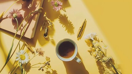 Aufkleber - Wildflowers bouquet coffee cup golden pen clips and accessories Styled flat lay mockup : Generative AI