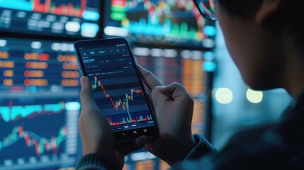 Wall Mural - trader observes stock market movements on a smartphone, staying connected to global markets for timely trading decisions.