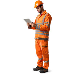 Young male engineer using digital tablet, full body on transparency background PNG
