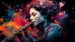 Abstract and colorful illustration of a woman playing flute on a black background