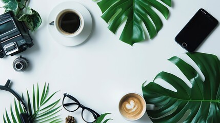 Aufkleber - Flat lay blogger workspace mockup with tropical leaves  coffee and accessories on white background Copy space : Generative AI