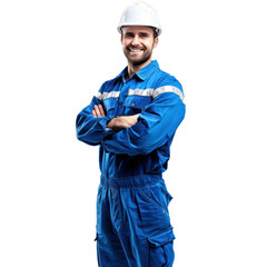 Smiling cross-armed male engineer in blue workwear and safety white helmet, full body on transparency background PNG
