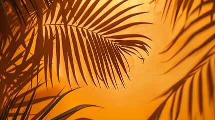 Aufkleber - Tropical shadow on orange background Tropic palm leaf overlay on thanksgiving and halloween backdrop Product display Natural silhouette on wall Flat lay : Generative AI