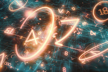 Wall Mural - abstract picture mathematical symbols glowing numbers Solving mathematical equations Solving physics equations, background image, cover image