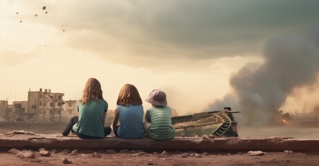 A poignant scene depicting children sitting solemnly in front of a city devastated by war, with flames and smoke rising from destroyed buildings and a military tank in the background