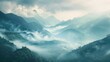 soft focus background of misty mountains shrouded in morning fog, conveying a mood of introspection and contemplation.
