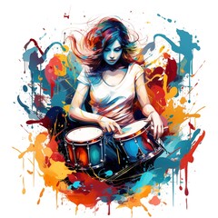 Wall Mural - Abstract and colorful illustration of a woman playing bongos on a white background