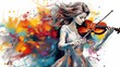 Abstract and colorful illustration of a woman playing violin on a white background