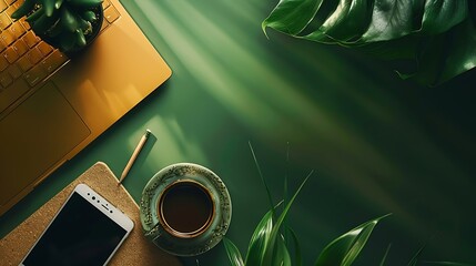 Aufkleber - Creative flat lay photo of workspace desk with smartphone keyboard coffee pencil leaves with copy space background : Generative AI