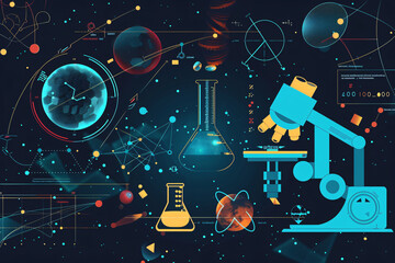 Wall Mural - Colorful abstract scientific interface with microscope and atoms illustration wallpaper