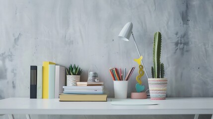 Aufkleber - Cropped shot of trendy workspace with books stationery decorations and copy space on white table with grey wall : Generative AI